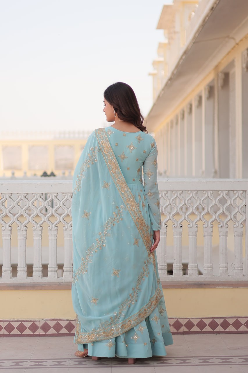 Gorgeous Faux Georgette Zari Sequins Embroidered Gown With Dupatta - INDIAN ELEGANCE