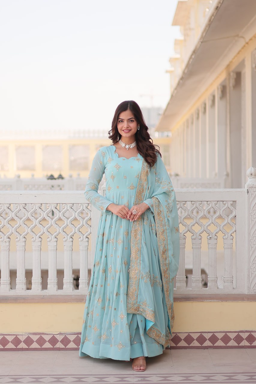 Gorgeous Faux Georgette Zari Sequins Embroidered Gown With Dupatta - INDIAN ELEGANCE