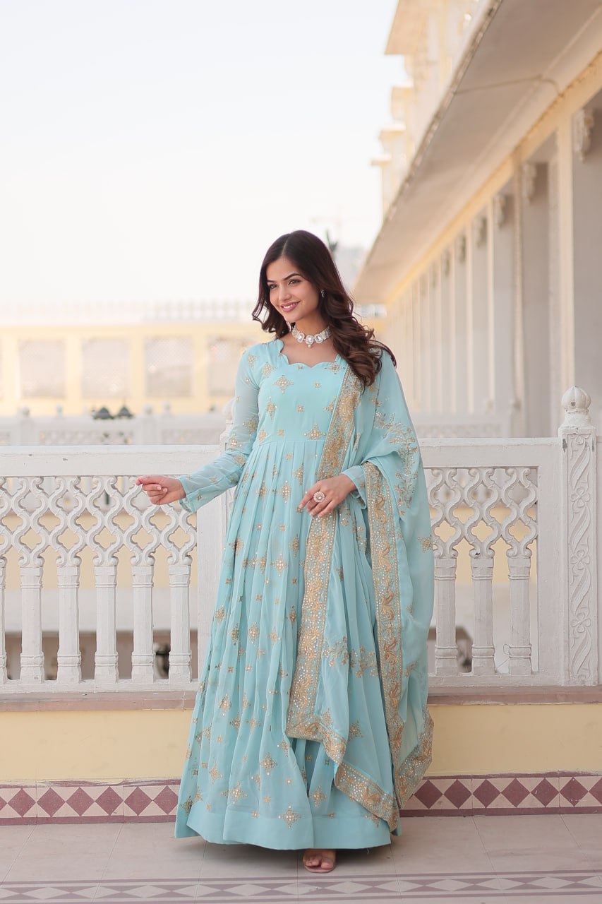 Gorgeous Faux Georgette Zari Sequins Embroidered Gown With Dupatta - INDIAN ELEGANCE
