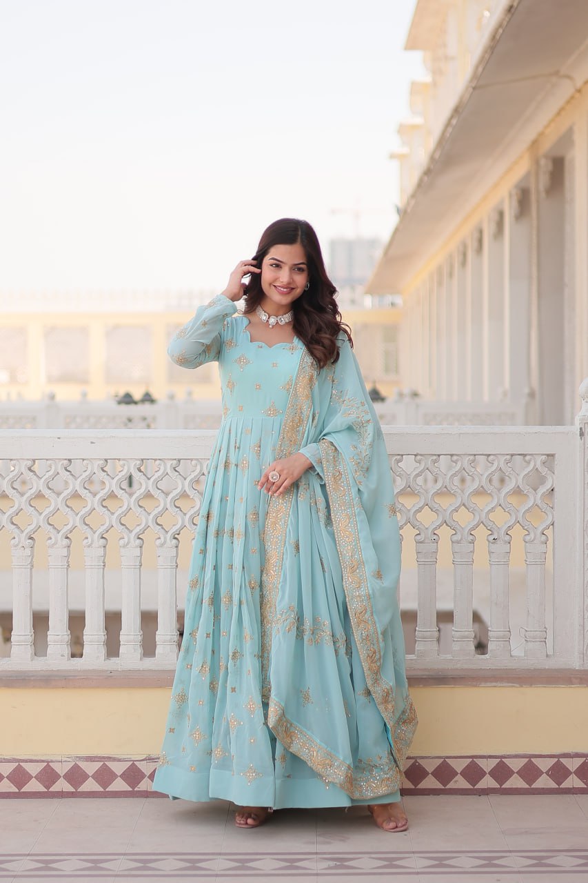 Gorgeous Faux Georgette Zari Sequins Embroidered Gown With Dupatta - INDIAN ELEGANCE
