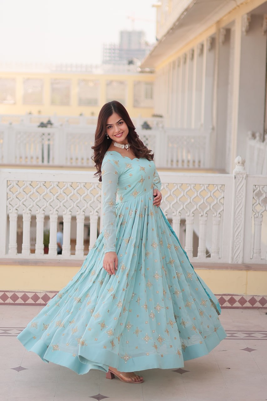 Gorgeous Faux Georgette Zari Sequins Embroidered Gown With Dupatta - INDIAN ELEGANCE