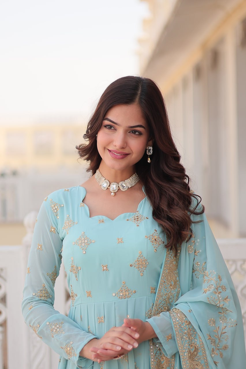 Gorgeous Faux Georgette Zari Sequins Embroidered Gown With Dupatta - INDIAN ELEGANCE