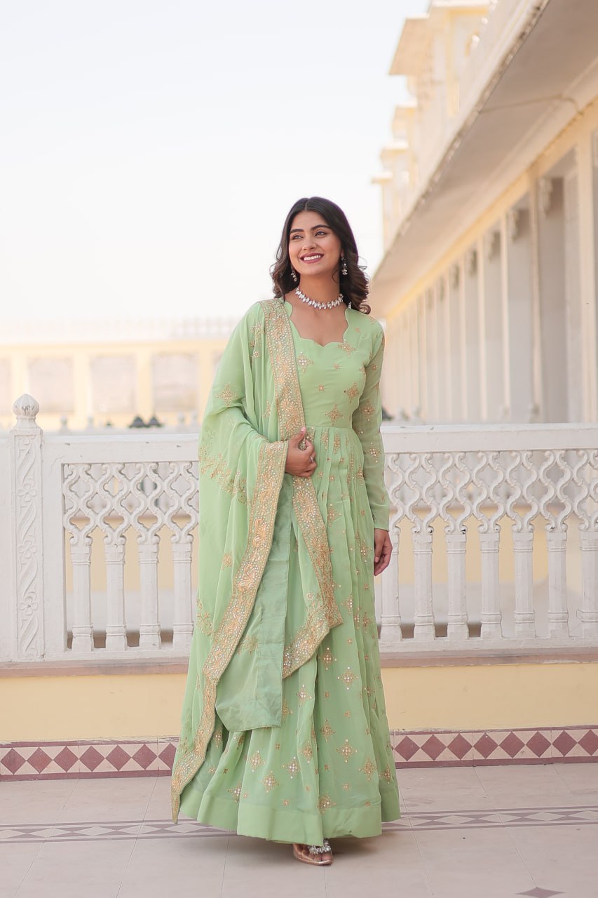 Gorgeous Faux Georgette Zari Sequins Embroidered Gown With Dupatta - INDIAN ELEGANCE