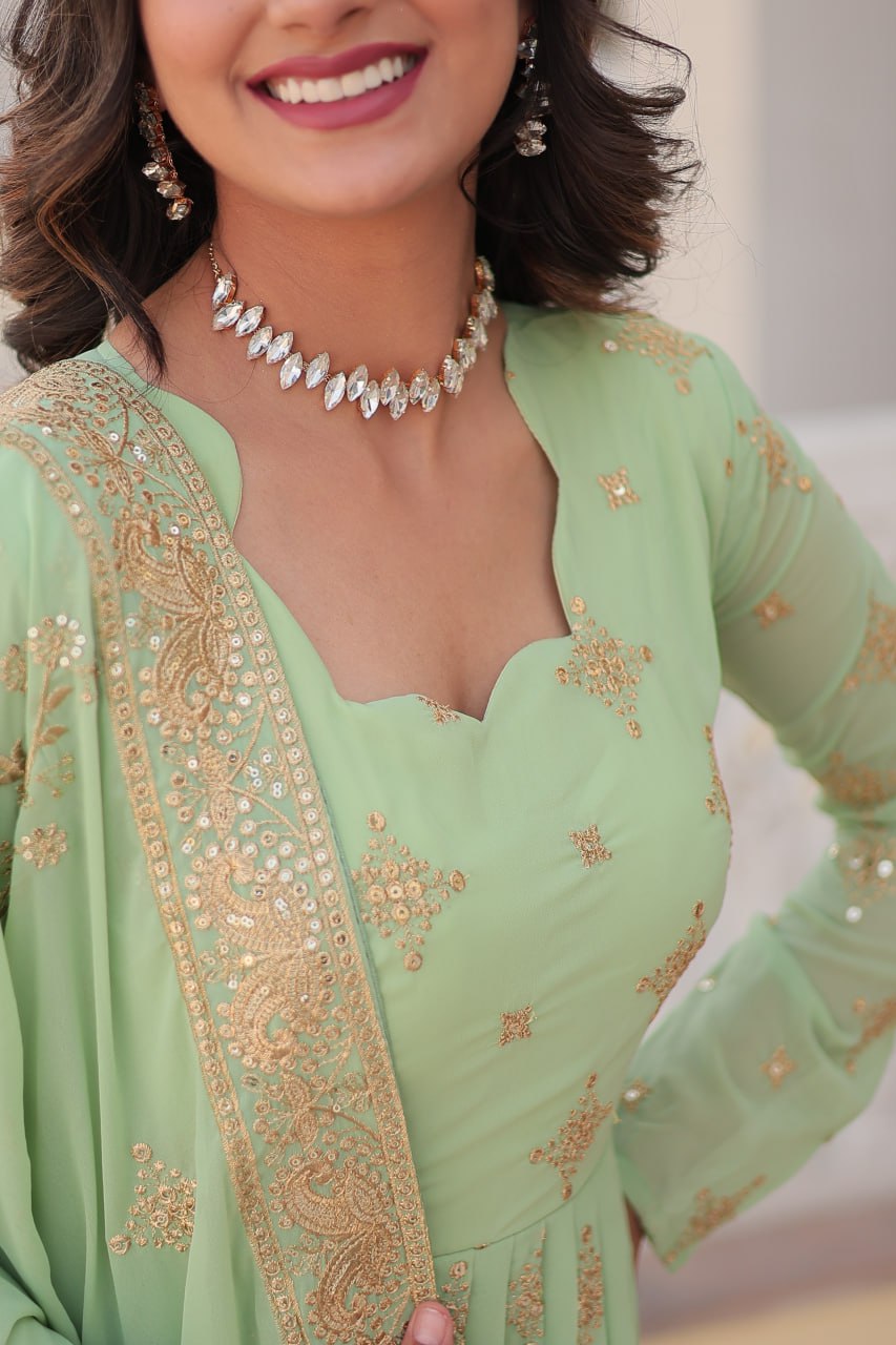 Gorgeous Faux Georgette Zari Sequins Embroidered Gown With Dupatta - INDIAN ELEGANCE
