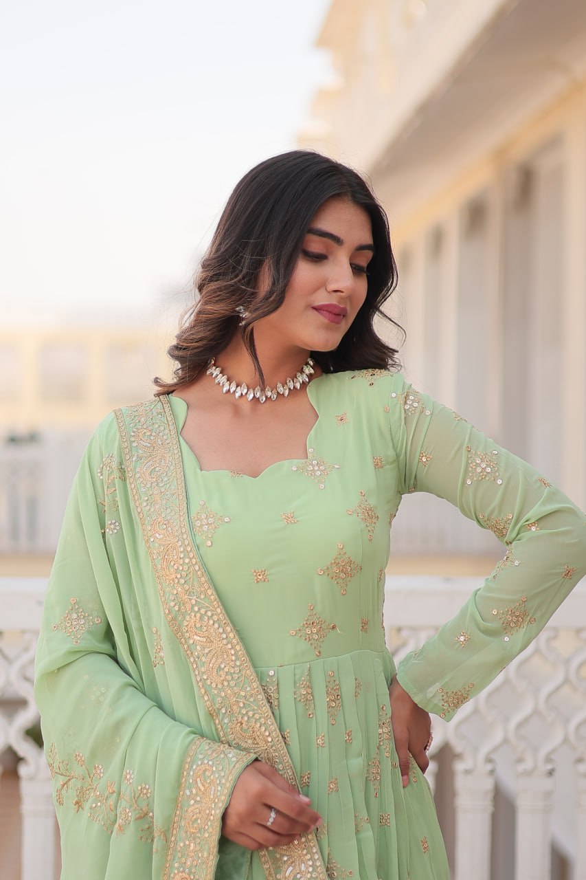 Gorgeous Faux Georgette Zari Sequins Embroidered Gown With Dupatta - INDIAN ELEGANCE