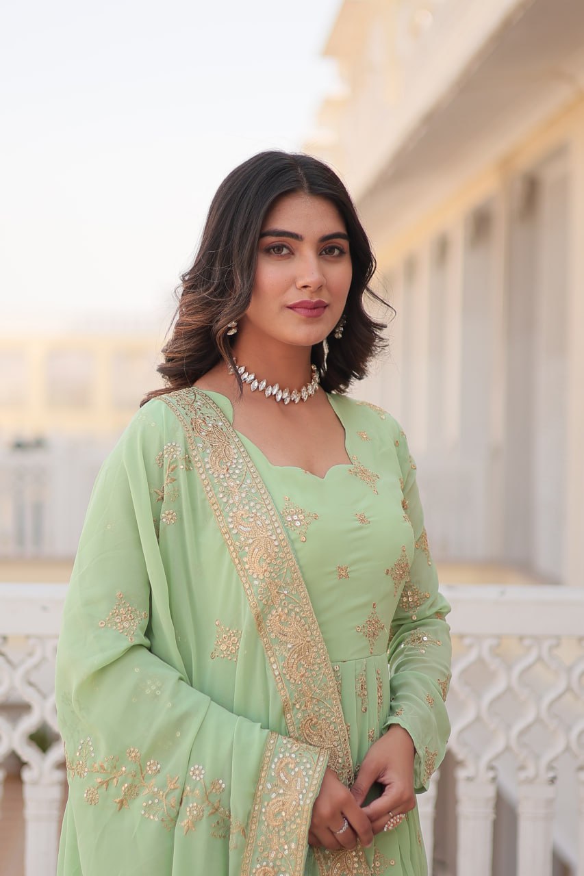 Gorgeous Faux Georgette Zari Sequins Embroidered Gown With Dupatta - INDIAN ELEGANCE
