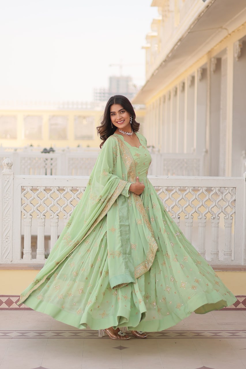 Gorgeous Faux Georgette Zari Sequins Embroidered Gown With Dupatta - INDIAN ELEGANCE