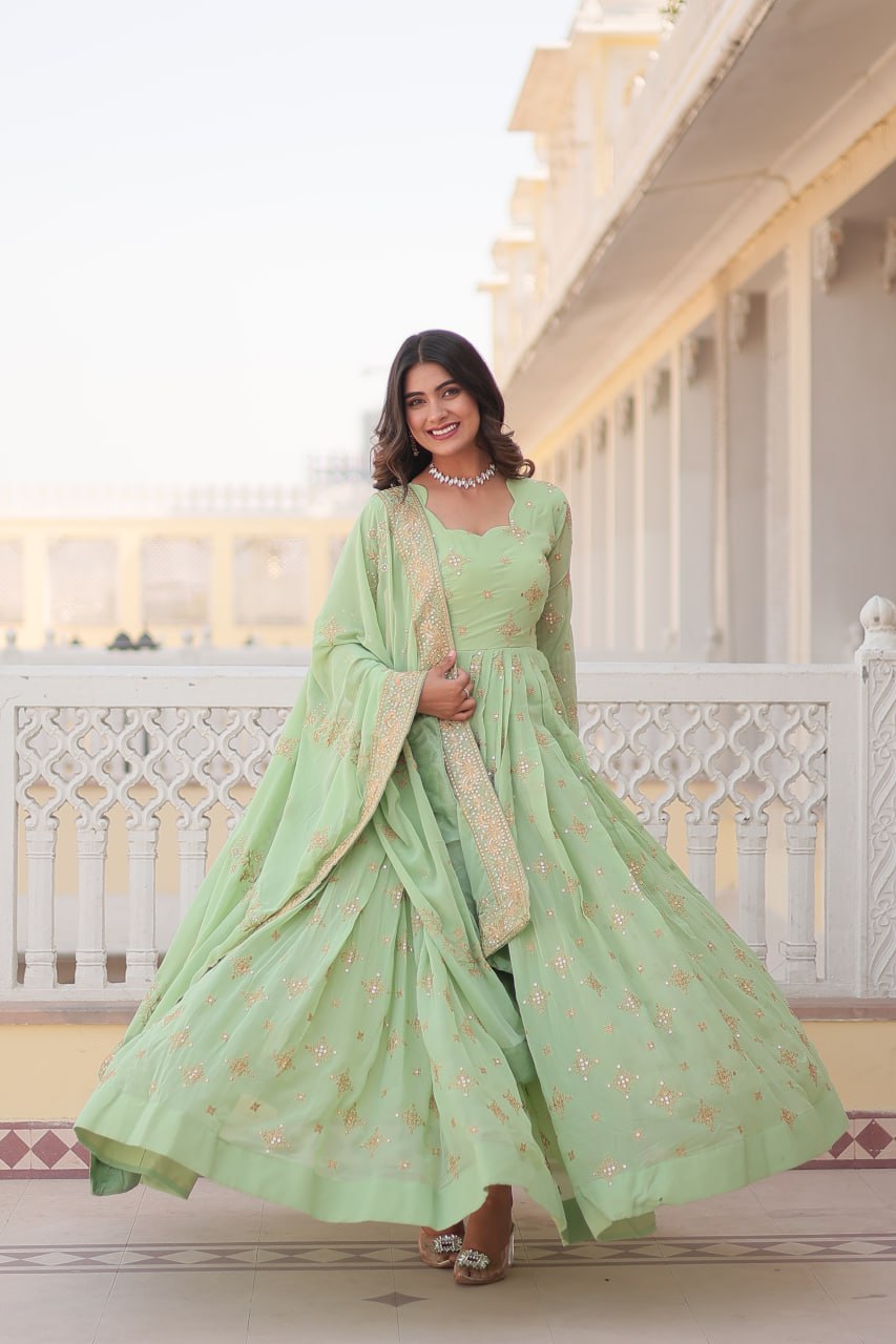 Gorgeous Faux Georgette Zari Sequins Embroidered Gown With Dupatta - INDIAN ELEGANCE