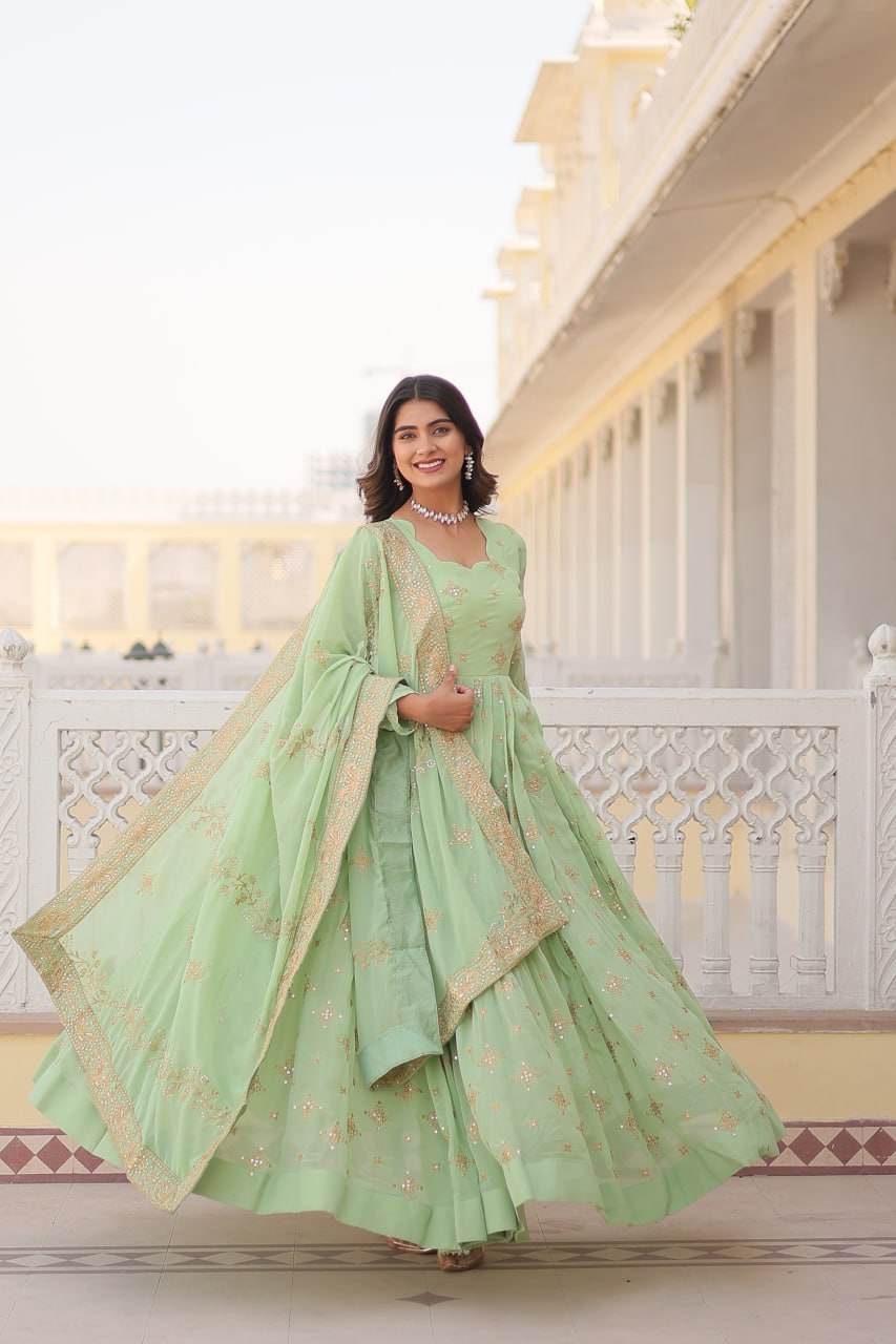 Gorgeous Faux Georgette Zari Sequins Embroidered Gown With Dupatta - INDIAN ELEGANCE