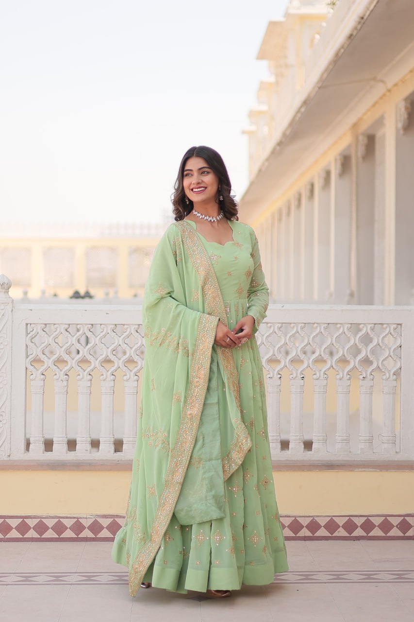 Gorgeous Faux Georgette Zari Sequins Embroidered Gown With Dupatta - INDIAN ELEGANCE