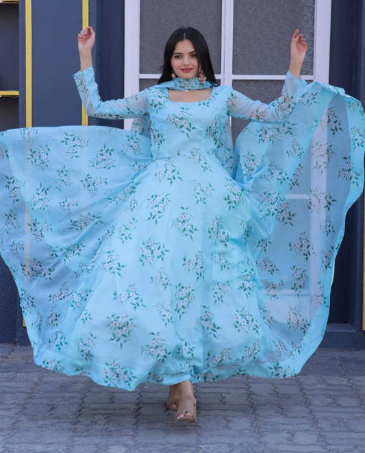Winsome Sky Blue Floral Printed Tabby Silk Gown With Dupatta - INDIAN ELEGANCE