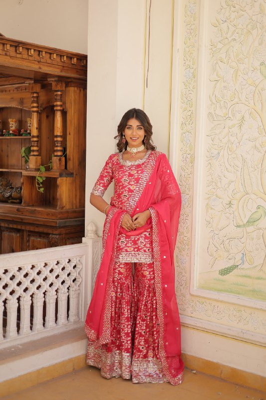Magnificent Viscous Jacquard Designer Top Sharara Suit - INDIAN ELEGANCE