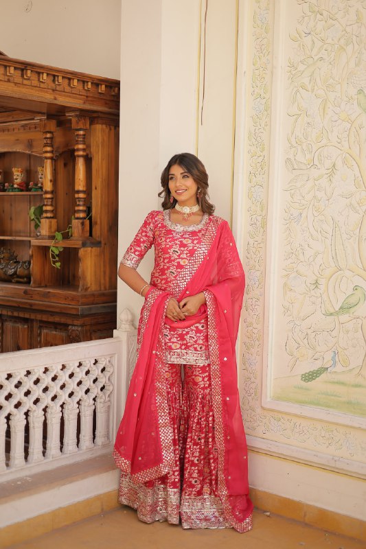 Magnificent Viscous Jacquard Designer Top Sharara Suit - INDIAN ELEGANCE