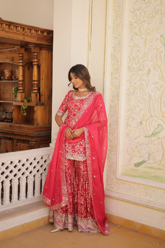 Magnificent Viscous Jacquard Designer Top Sharara Suit - INDIAN ELEGANCE