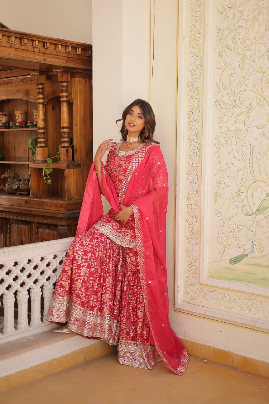 Magnificent Viscous Jacquard Designer Top Sharara Suit - INDIAN ELEGANCE