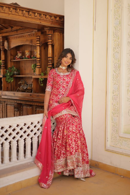 Magnificent Viscous Jacquard Designer Top Sharara Suit - INDIAN ELEGANCE