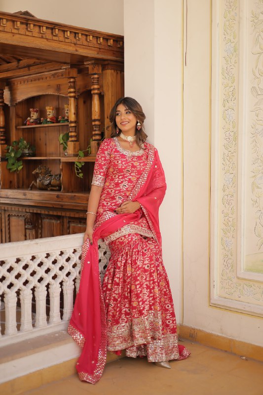 Magnificent Viscous Jacquard Designer Top Sharara Suit - INDIAN ELEGANCE