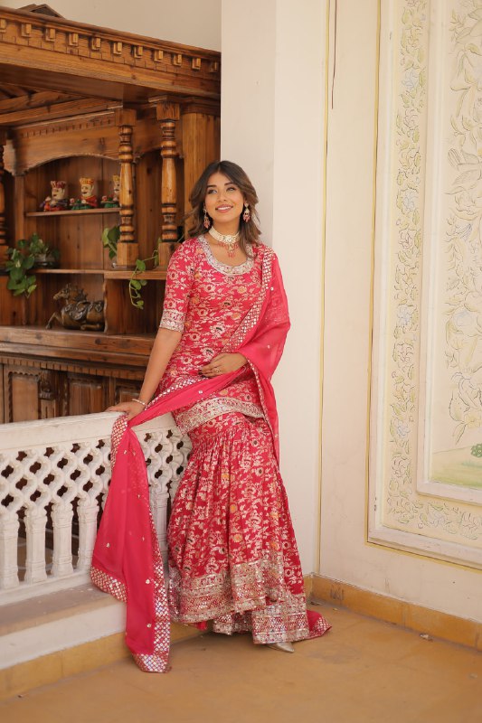 Magnificent Viscous Jacquard Designer Top Sharara Suit - INDIAN ELEGANCE