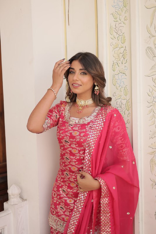 Magnificent Viscous Jacquard Designer Top Sharara Suit - INDIAN ELEGANCE