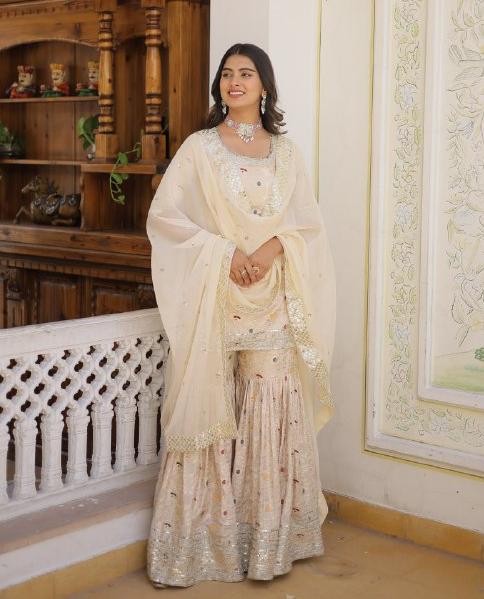 Magnificent Viscous Jacquard Designer Top Sharara Suit - INDIAN ELEGANCE