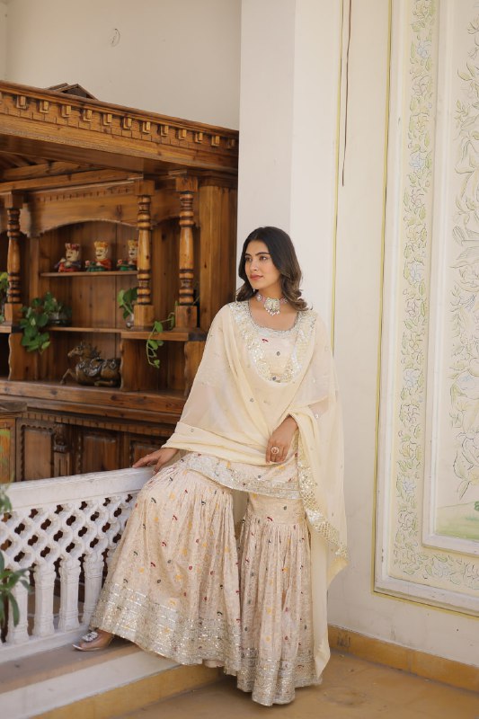 Magnificent Viscous Jacquard Designer Top Sharara Suit - INDIAN ELEGANCE