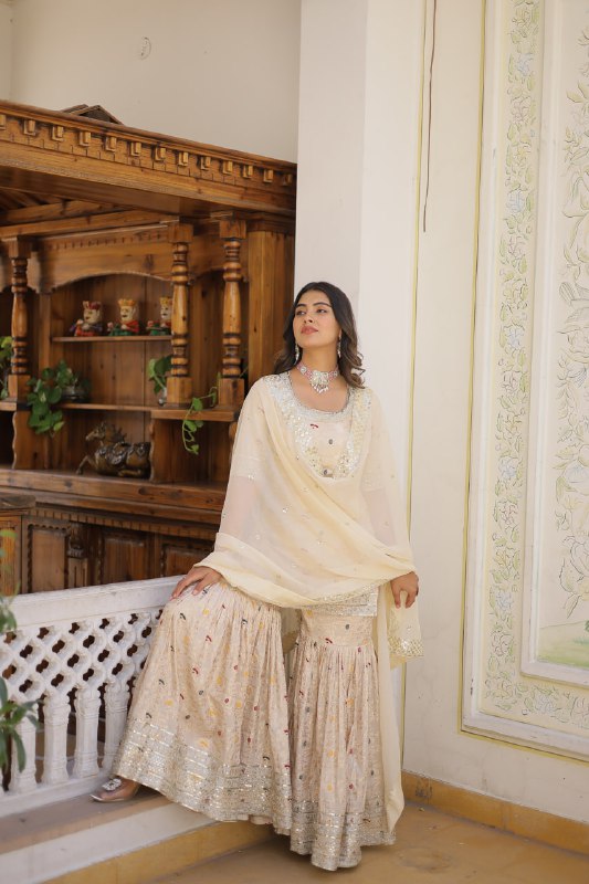 Magnificent Viscous Jacquard Designer Top Sharara Suit - INDIAN ELEGANCE