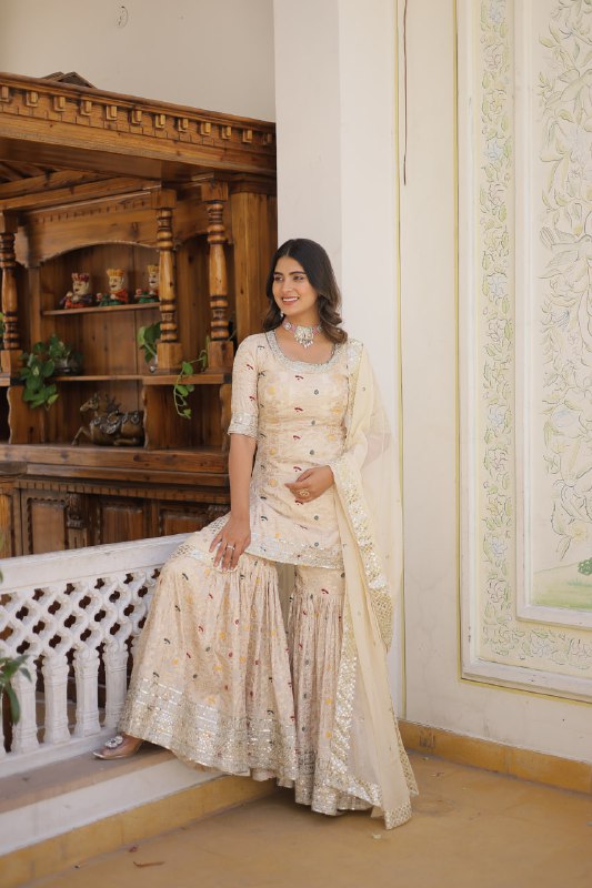 Magnificent Viscous Jacquard Designer Top Sharara Suit - INDIAN ELEGANCE
