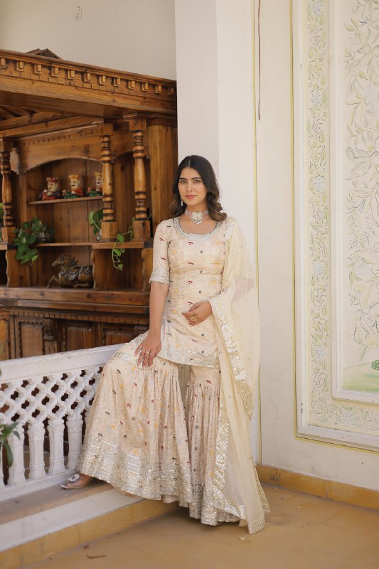 Magnificent Viscous Jacquard Designer Top Sharara Suit - INDIAN ELEGANCE