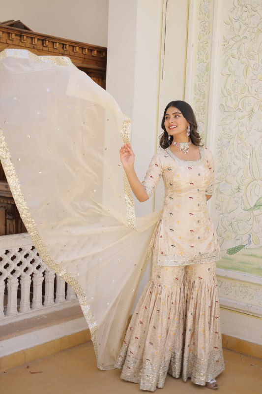 Magnificent Viscous Jacquard Designer Top Sharara Suit - INDIAN ELEGANCE