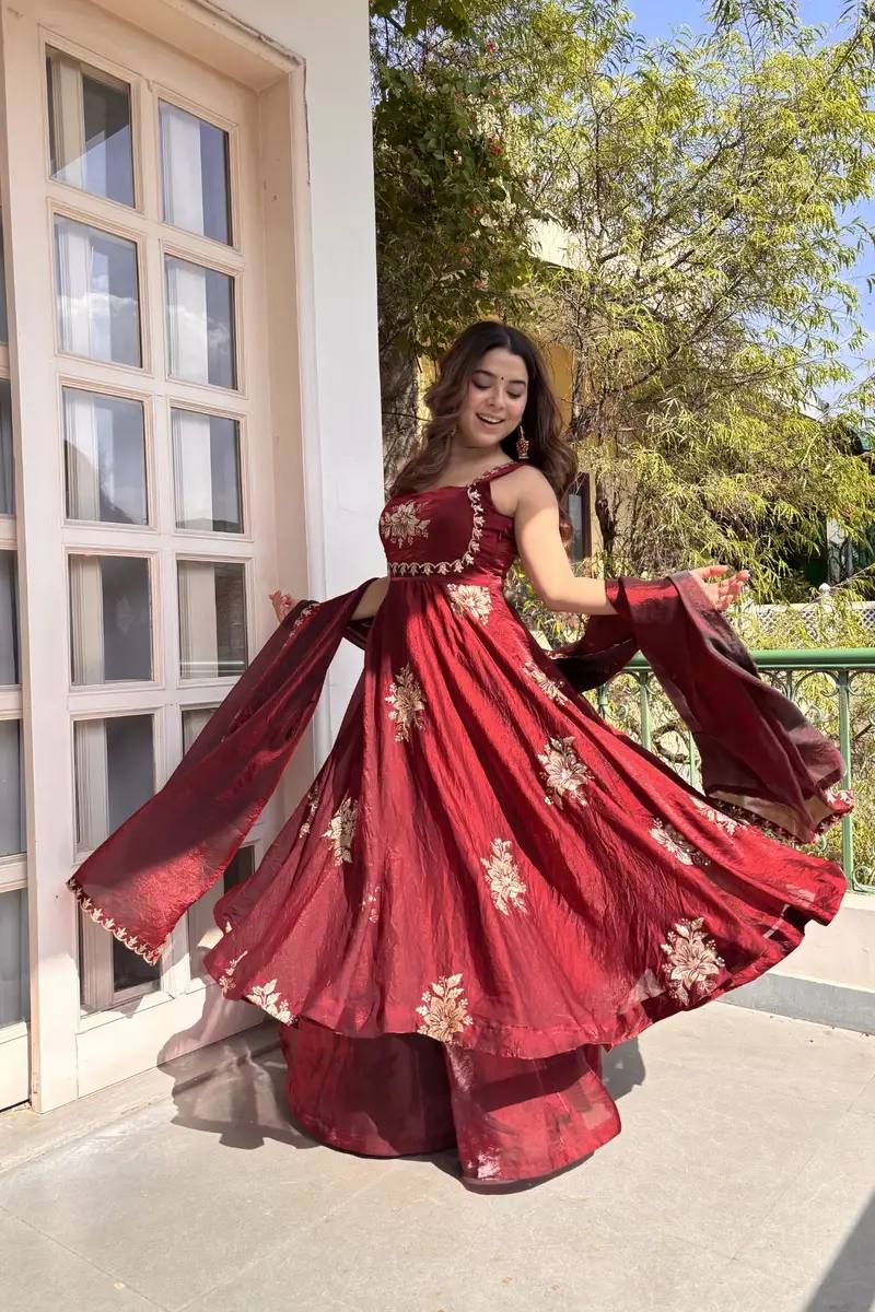 Maroon Fendy Silk Anarkali Sharara Gown Set with Dupatta – Sequins Embroidered Party Wear Suit for Women | Wedding, Sangeet, Farewell & Reception