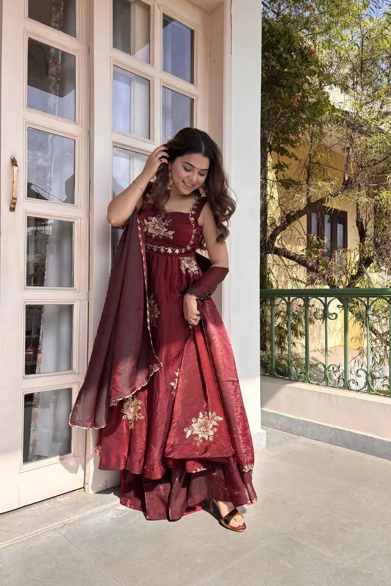 Maroon Fendy Silk Anarkali Sharara Gown Set with Dupatta – Sequins Embroidered Party Wear Suit for Women | Wedding, Sangeet, Farewell & Reception