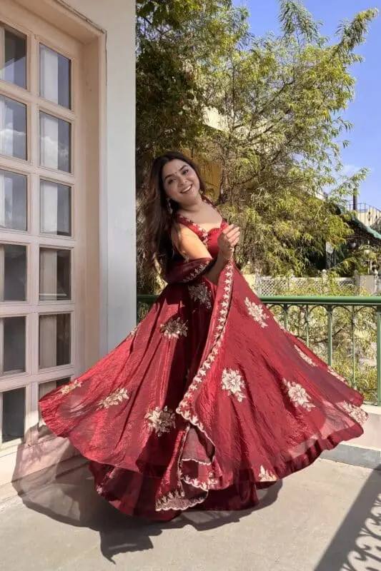 Maroon Fendy Silk Anarkali Sharara Gown Set with Dupatta – Sequins Embroidered Party Wear Suit for Women | Wedding, Sangeet, Farewell & Reception