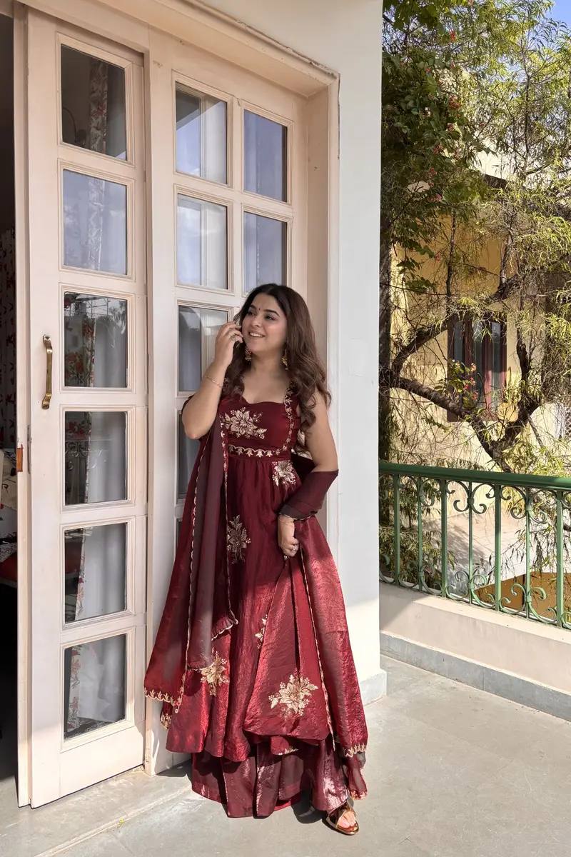 Maroon Fendy Silk Anarkali Sharara Gown Set with Dupatta – Sequins Embroidered Party Wear Suit for Women | Wedding, Sangeet, Farewell & Reception