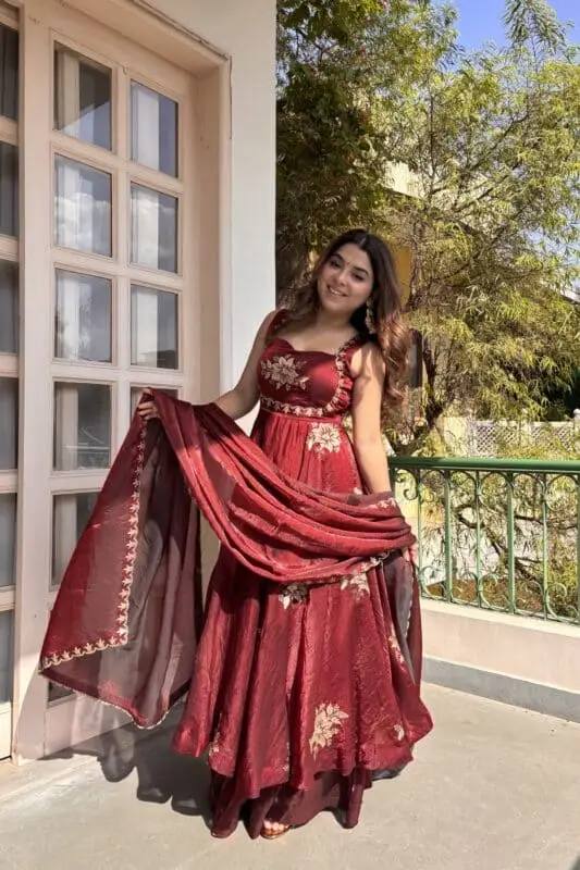Maroon Fendy Silk Anarkali Sharara Gown Set with Dupatta – Sequins Embroidered Party Wear Suit for Women | Wedding, Sangeet, Farewell & Reception