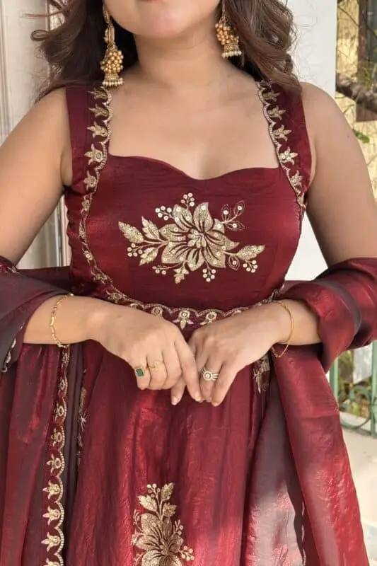 Maroon Fendy Silk Anarkali Sharara Gown Set with Dupatta – Sequins Embroidered Party Wear Suit for Women | Wedding, Sangeet, Farewell & Reception