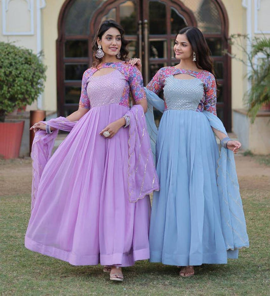 Whimsical Faux Georgette Rich Floral Printed Gown - INDIAN ELEGANCE