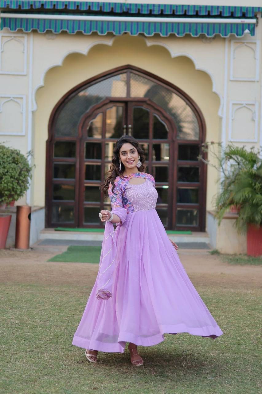 Whimsical Faux Georgette Rich Floral Printed Gown - INDIAN ELEGANCE