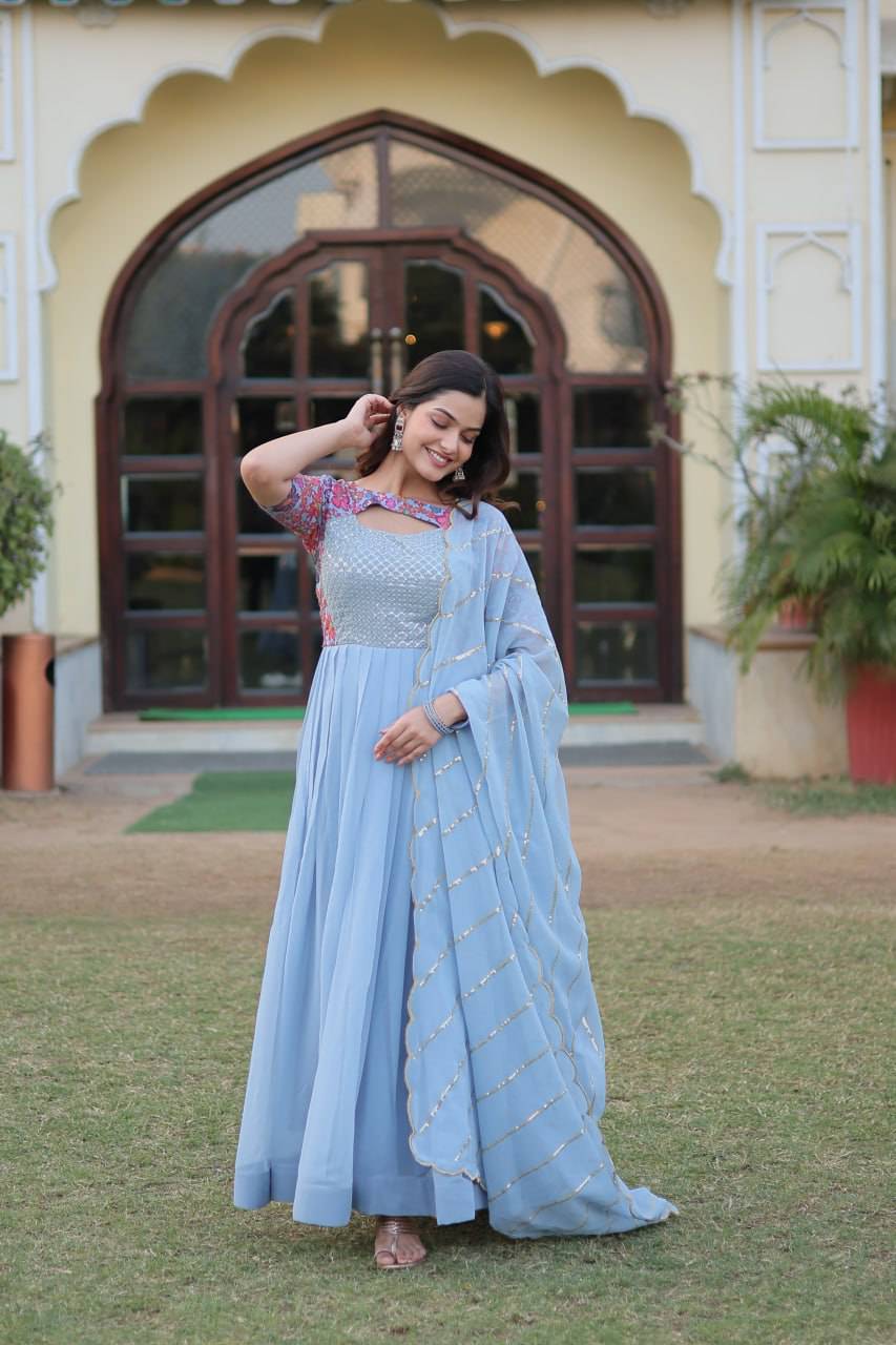 Whimsical Faux Georgette Rich Floral Printed Gown - INDIAN ELEGANCE