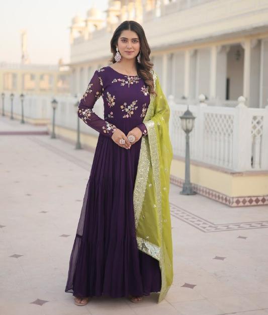 Arresting Purple Faux Georgette Multi Sequins Worked Designer Gown - INDIAN ELEGANCE