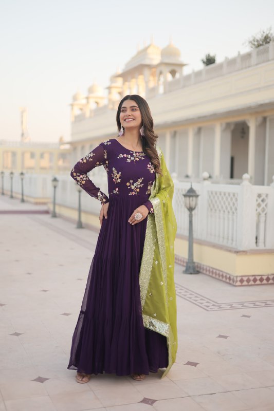 Arresting Purple Faux Georgette Multi Sequins Worked Designer Gown - INDIAN ELEGANCE