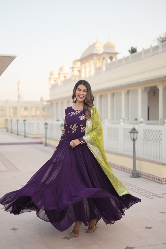 Arresting Purple Faux Georgette Multi Sequins Worked Designer Gown - INDIAN ELEGANCE