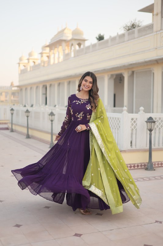 Arresting Purple Faux Georgette Multi Sequins Worked Designer Gown - INDIAN ELEGANCE