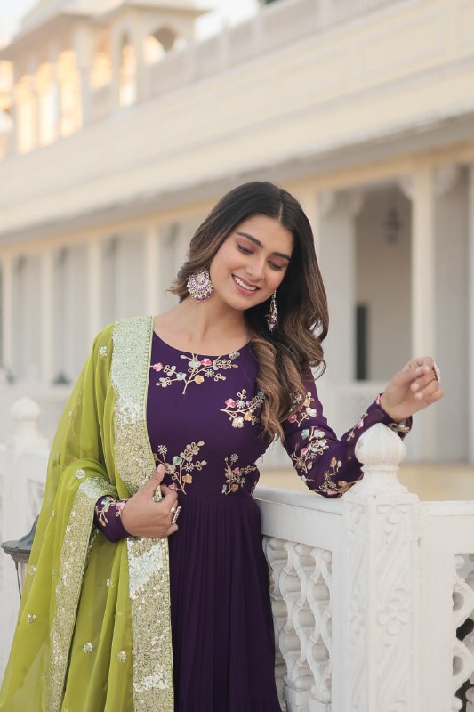 Arresting Purple Faux Georgette Multi Sequins Worked Designer Gown - INDIAN ELEGANCE