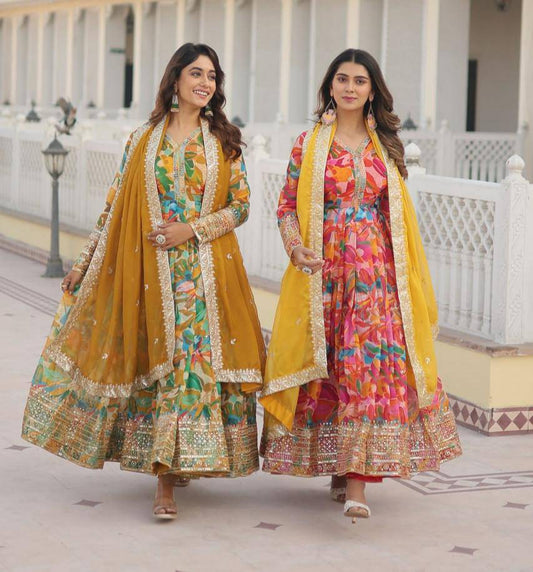 Ethereal Russian Silk Floral Printed Sequins Worked Gown - INDIAN ELEGANCE