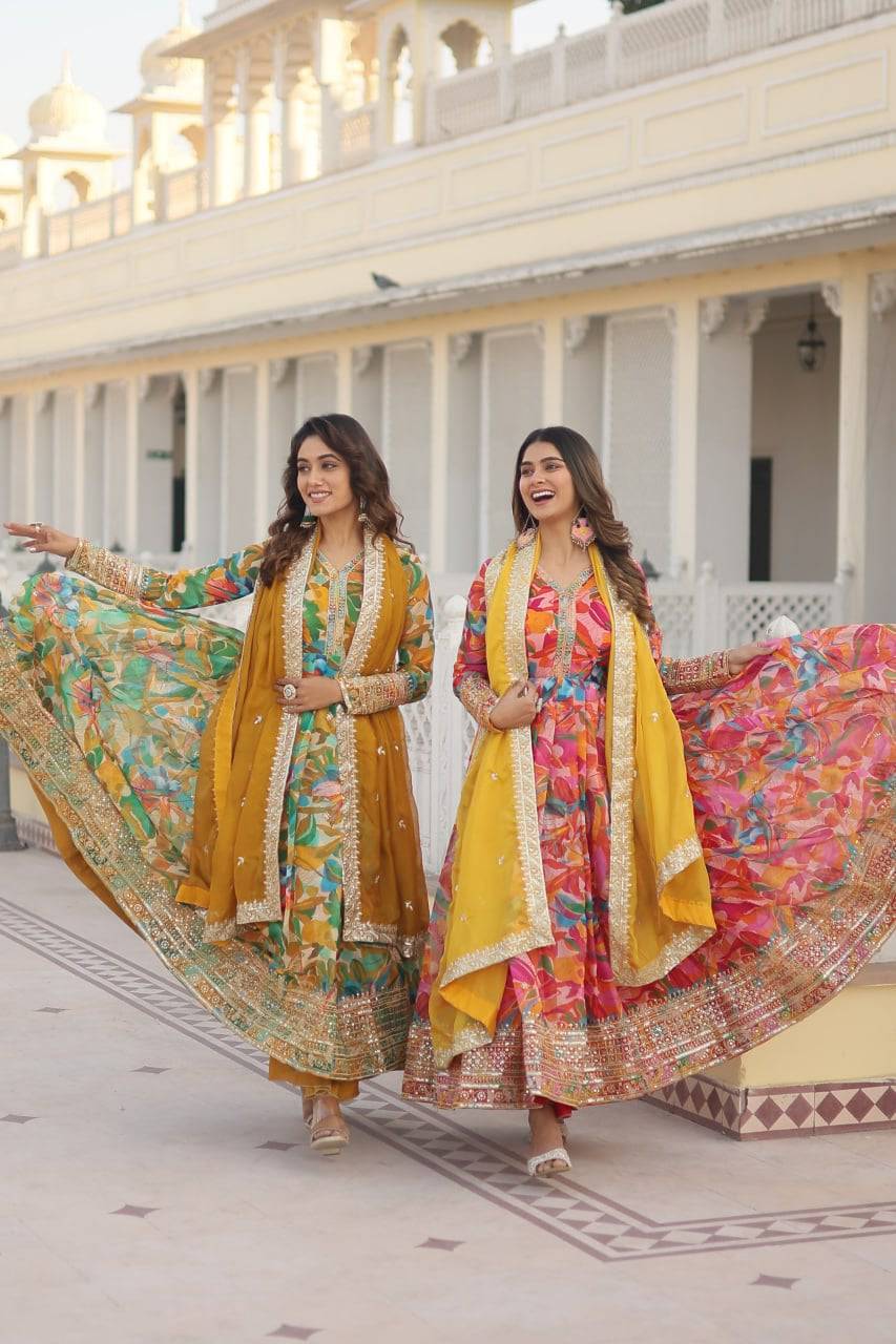 Ethereal Russian Silk Floral Printed Sequins Worked Gown - INDIAN ELEGANCE