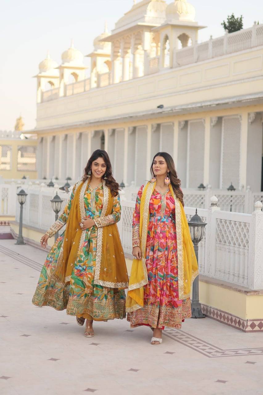 Ethereal Russian Silk Floral Printed Sequins Worked Gown - INDIAN ELEGANCE