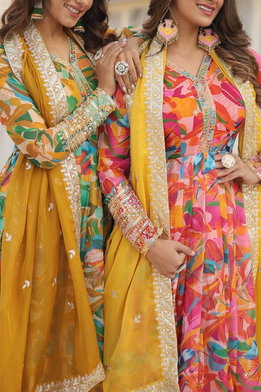 Ethereal Russian Silk Floral Printed Sequins Worked Gown - INDIAN ELEGANCE