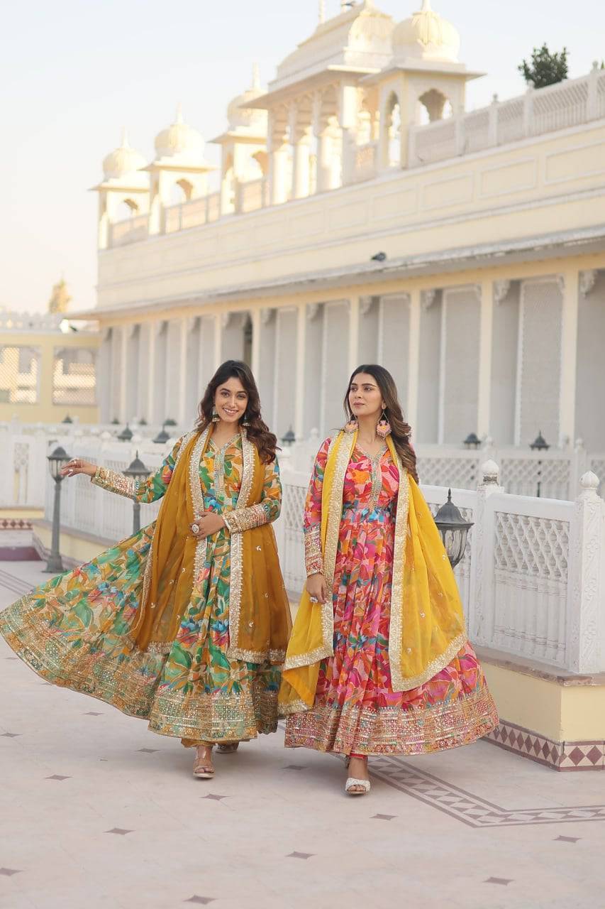 Ethereal Russian Silk Floral Printed Sequins Worked Gown - INDIAN ELEGANCE
