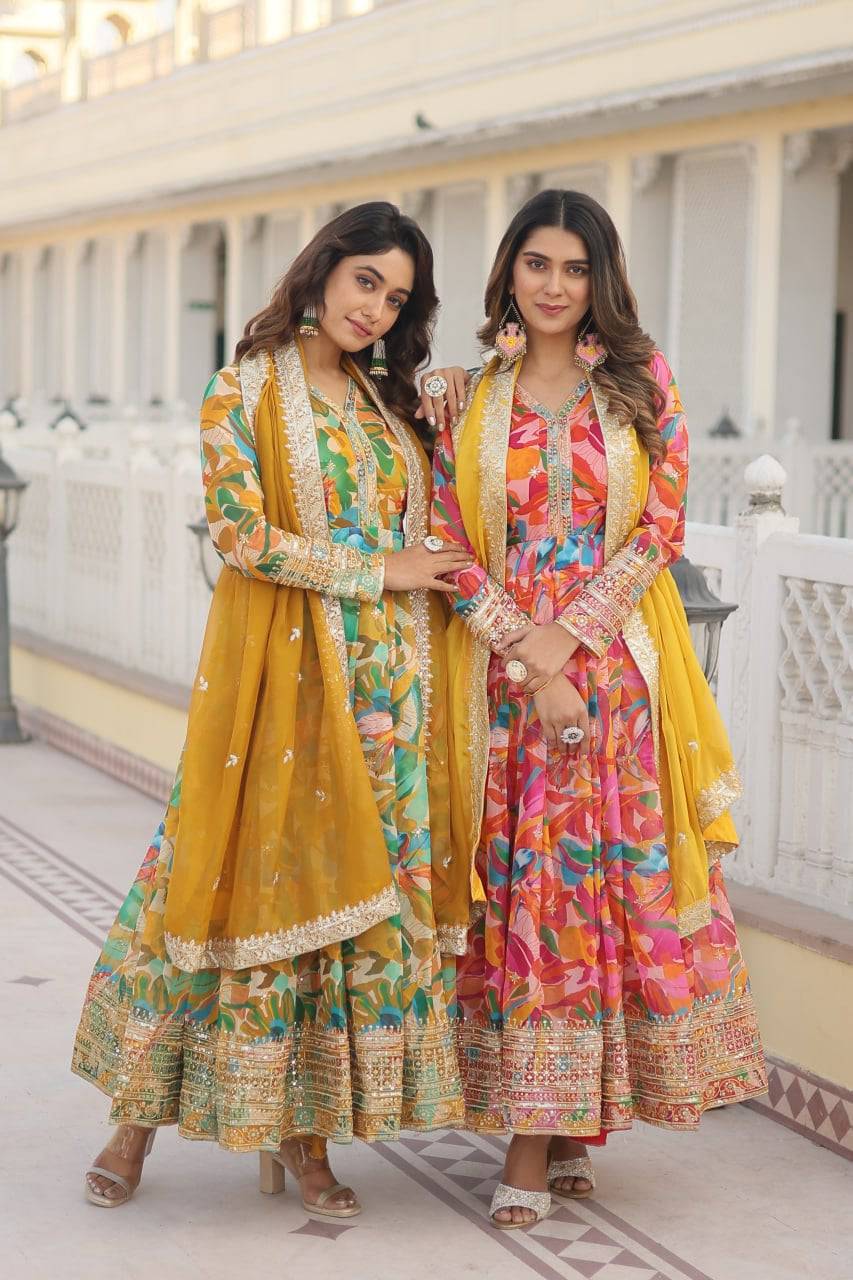 Ethereal Russian Silk Floral Printed Sequins Worked Gown - INDIAN ELEGANCE