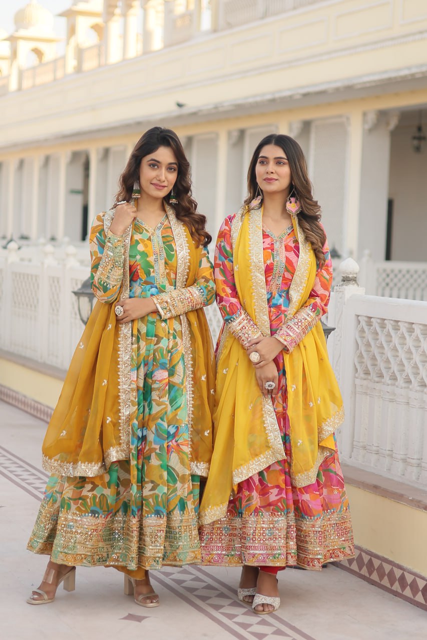 Ethereal Russian Silk Floral Printed Sequins Worked Gown - INDIAN ELEGANCE